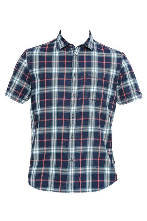 Slim Fit Cotton Indigo Twill Checks Halfsleeves Shirt