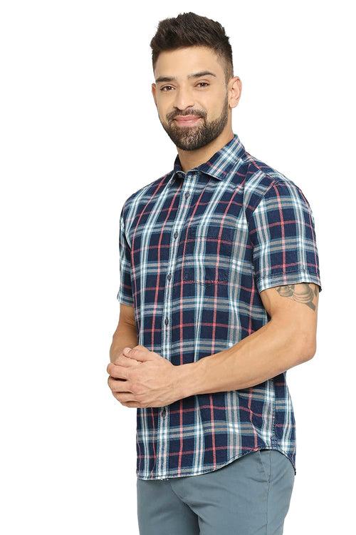 Slim Fit Cotton Indigo Twill Checks Halfsleeves Shirt