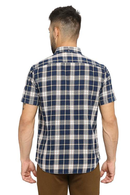 Slim Fit Cotton Indigo Twill Checks Halfsleeves Shirt