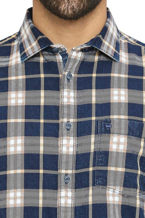 Slim Fit Cotton Indigo Twill Checks Halfsleeves Shirt