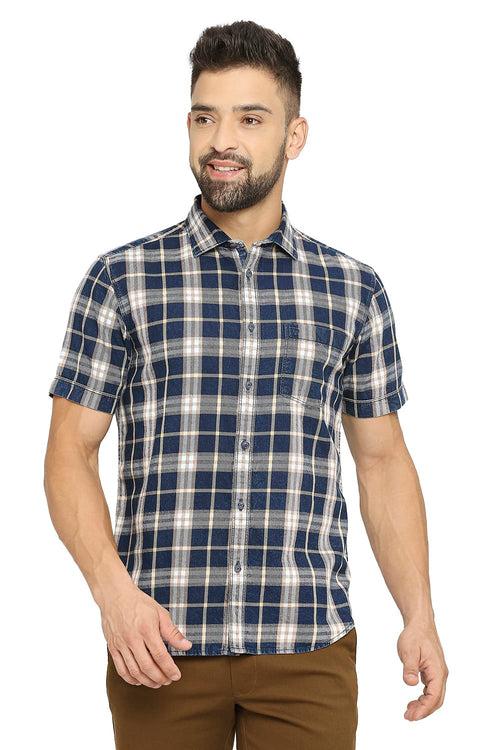 Slim Fit Cotton Indigo Twill Checks Halfsleeves Shirt