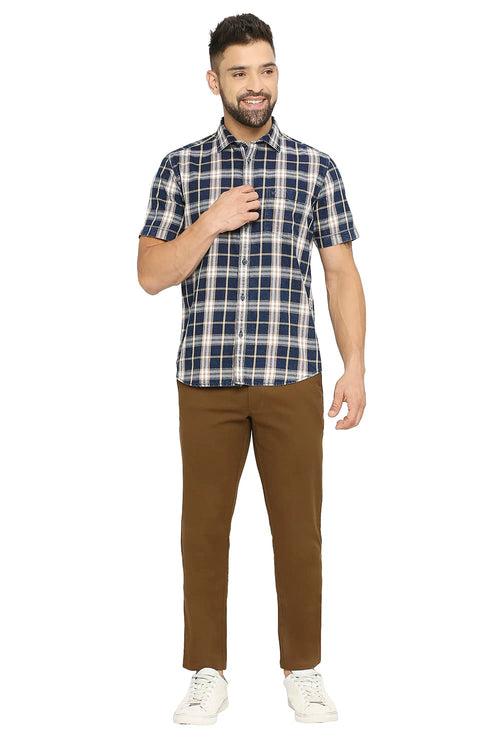 Slim Fit Cotton Indigo Twill Checks Halfsleeves Shirt