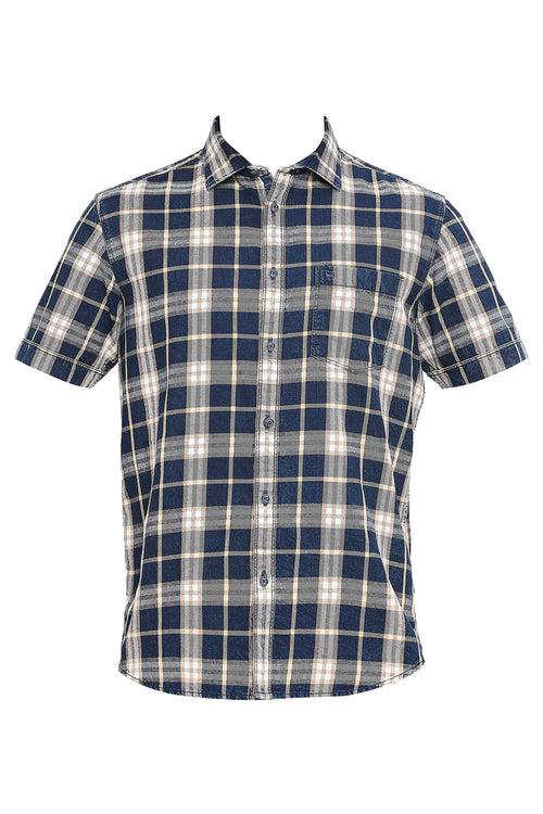 Slim Fit Cotton Indigo Twill Checks Halfsleeves Shirt