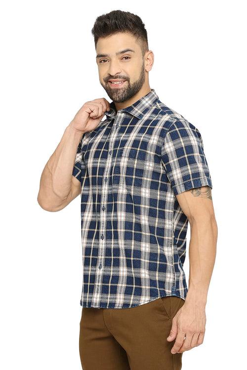 Slim Fit Cotton Indigo Twill Checks Halfsleeves Shirt