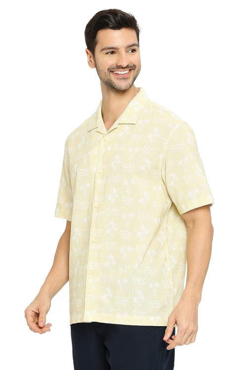 Basics Relaxed Fit Cotton Hopsack Printed Halfsleeves Shirt