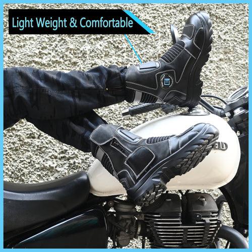 Eego Italy Patrol, Water Resistant Biker boot/Motorcycle riding boot, real leather upper & anti slip sole with steel toe protection, padded in socks, 3M Reflectors,lace free, with rubber gear protector  and walkable with shin and ankle protection