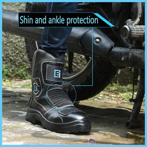 Eego Italy Patrol, Water Resistant Biker boot/Motorcycle riding boot, real leather upper & anti slip sole with steel toe protection, padded in socks, 3M Reflectors,lace free, with rubber gear protector  and walkable with shin and ankle protection
