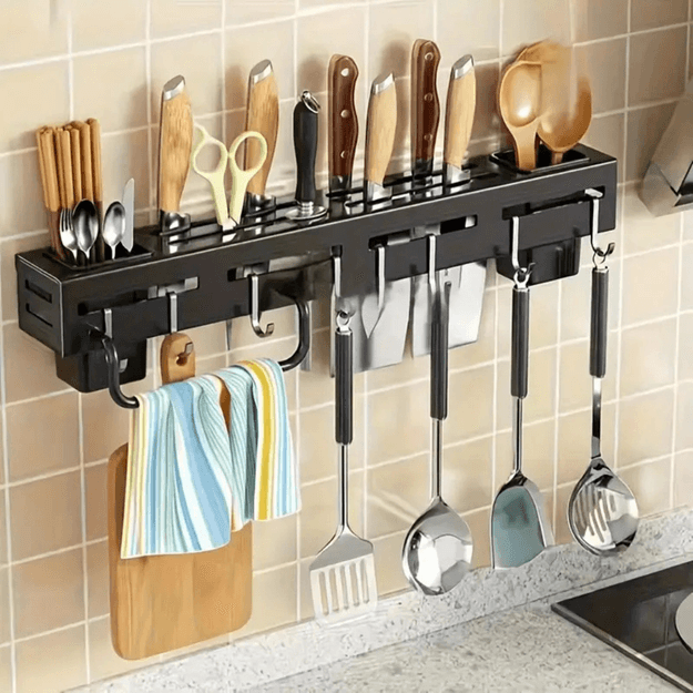 SmileDrive® Kitchen Knife Holder 60cm Wall-Mounted – Punch-Free, Space-Saving Organizer with 4 Tool Frames, 8 Hooks, and Built-in Drainage