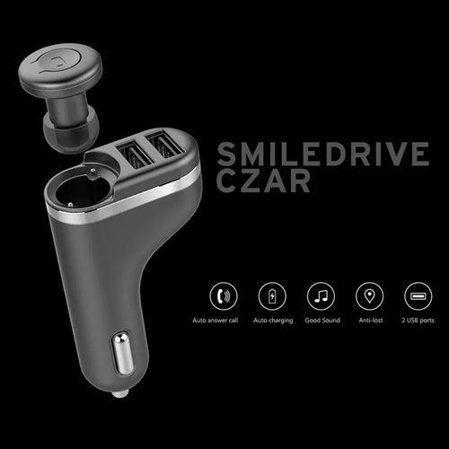 2 in 1 Bluetooth Wireless Handsfree Earphone Car Charger-Can Connects 2 devices, 2 USB Ports, Fast Charging