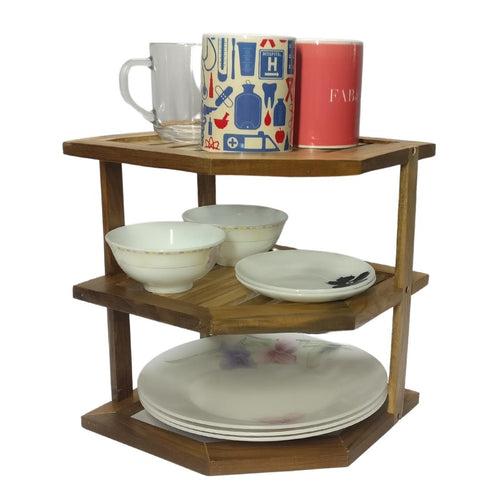 Corner Kitchen Shelf Bathroom Storage 3 Tier Teakwood Organizer for Bedrooms.