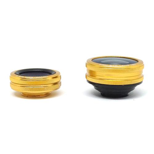 Universal 3 in 1 Lens Kit for Mobile Cell Phones Clip on 180° Fisheye 0.67x Wide Angle and 4x Macro Lens - Golden