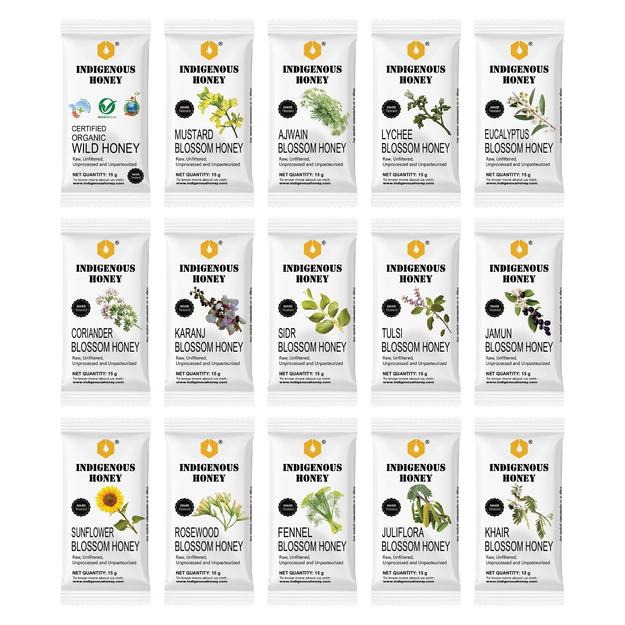 15 Gift Sachets Small Pouch Raw Natural Honey - Organic Wild, Pure Tulsi, Unprocessed Ajwain, Mustard, Lychee, Coriander, Fennel, Sesame, Juliflora and more - 15g Each, Total 225g