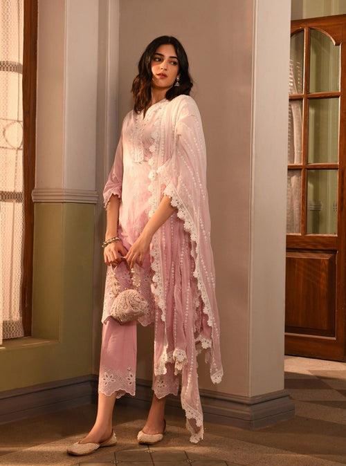 Mulmul Cotton Shae Pink Kurta With Mulmul Cotton Shae Pink Pant