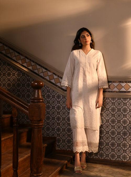 Mulmul Cotton Fila White Kurta