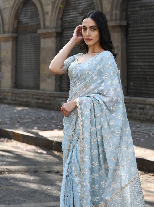 Mulmul Organza Saroli Light Blue Saree