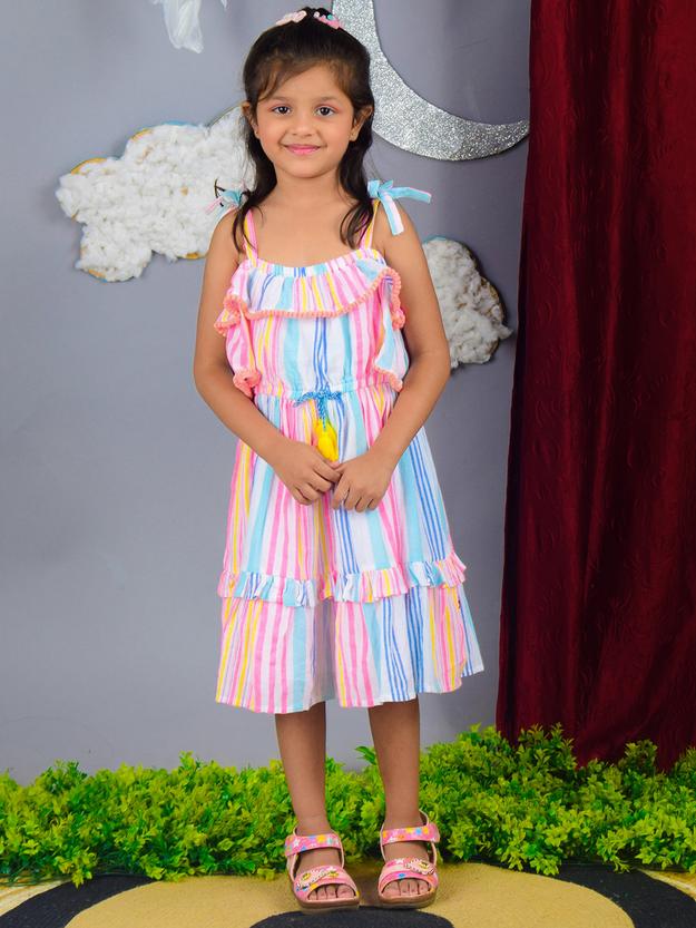 Multi Color Short Sleeve Cotton Tiered Sun Dress For Girls