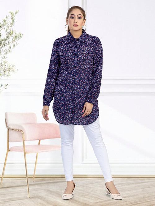 Women's Regular Fit Floral Printed Collar Neck Casual Long Shirts for Ladies & Girls