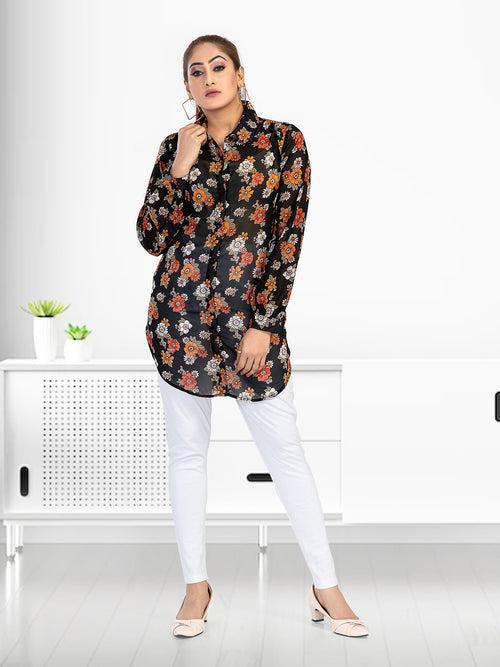 Women's Regular Fit Floral Printed Collar Neck Casual Long Shirts for Ladies & Girls