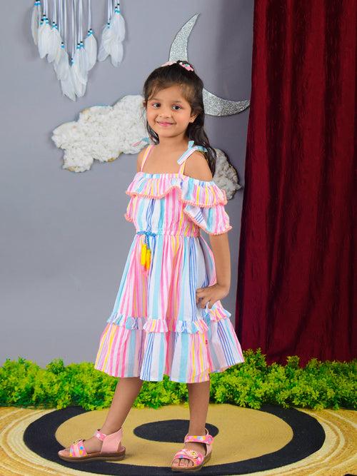 Multi Color Short Sleeve Cotton Tiered Sun Dress For Girls