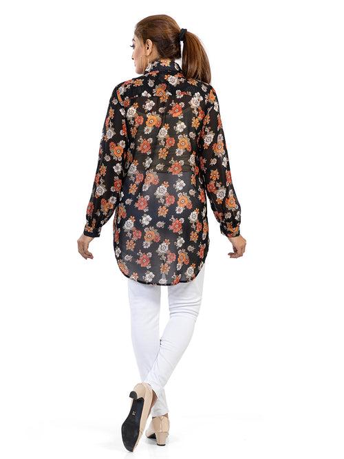 Women's Regular Fit Floral Printed Collar Neck Casual Long Shirts for Ladies & Girls