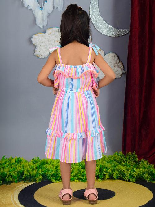 Multi Color Short Sleeve Cotton Tiered Sun Dress For Girls