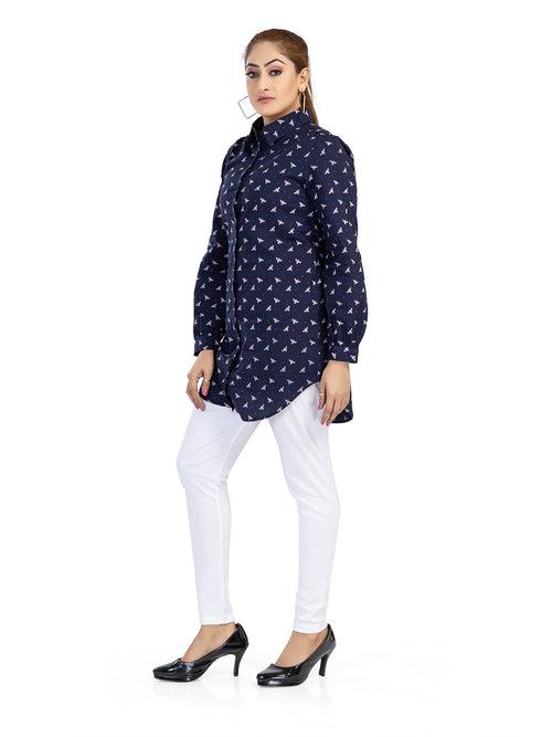 Women's Regular Fit Printed Collar Neck Casual Long Shirts for Ladies & Girls