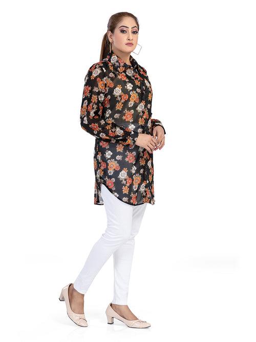 Women's Regular Fit Floral Printed Collar Neck Casual Long Shirts for Ladies & Girls