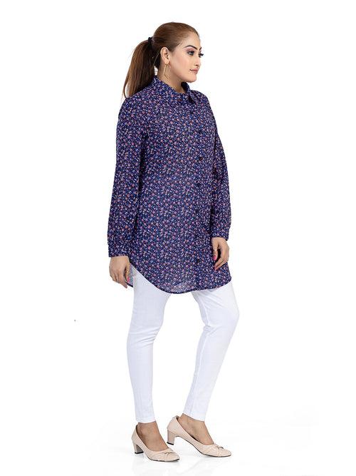 Women's Regular Fit Floral Printed Collar Neck Casual Long Shirts for Ladies & Girls