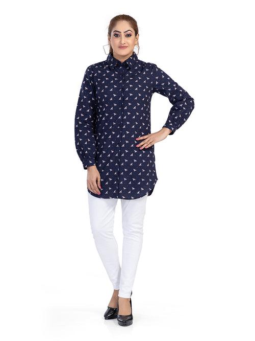 Women's Regular Fit Printed Collar Neck Casual Long Shirts for Ladies & Girls