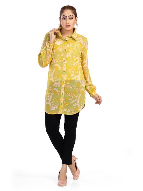 Women's Regular Fit Floral Printed Collar Neck Casual Long Shirts for Ladies & Girls