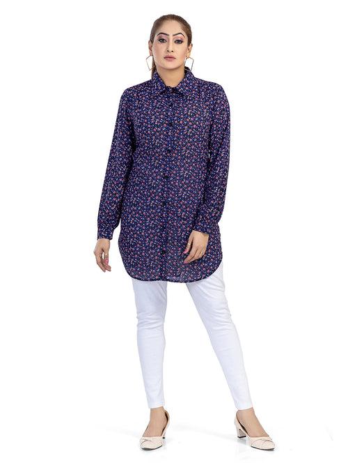 Women's Regular Fit Floral Printed Collar Neck Casual Long Shirts for Ladies & Girls