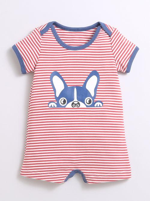 Horizontal Strip Cat Print Lap Shoulder Half Romper For Unisex Baby