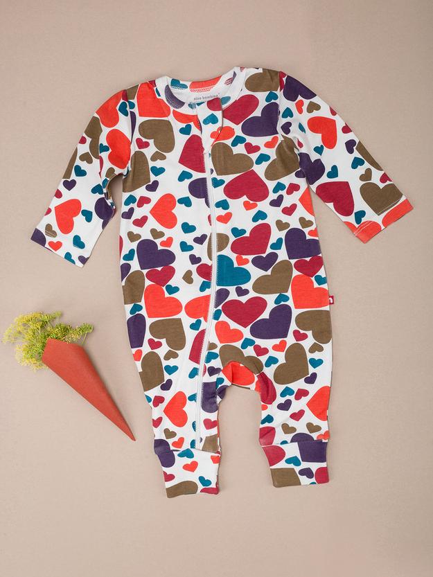 Long Sleeve Heart Print Zipper Romper For Baby Girls