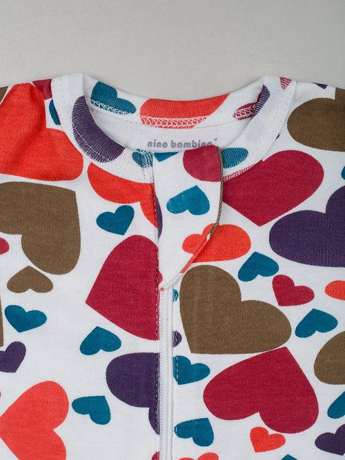 Long Sleeve Heart Print Zipper Romper For Baby Girls