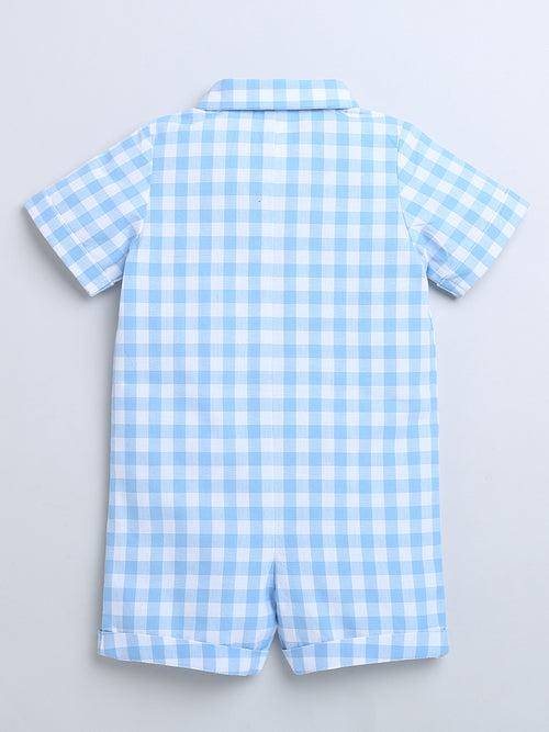 Blue Check Half Sleeves Half Romper With Bow For Baby Boy