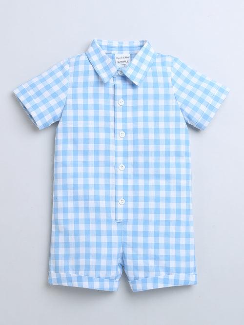 Blue Check Half Sleeves Half Romper With Bow For Baby Boy