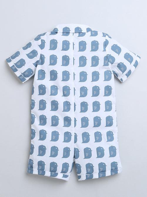 Blue Owl Print HalfSleeve Romper With Hat For Baby Boy.