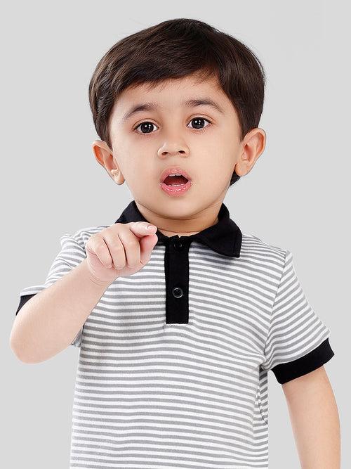 Grey Stripes Polo T-Shirt & Shorts Set For Baby Boy & Kid Boy