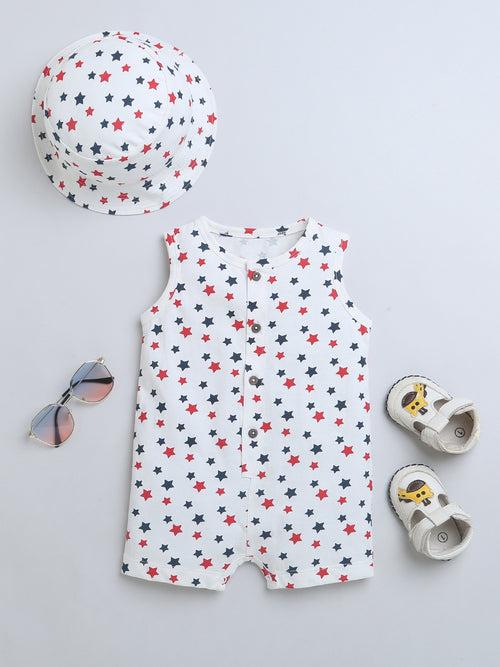 Multi Star Print Sleeveless Half Romper With Hat For Baby Boy.