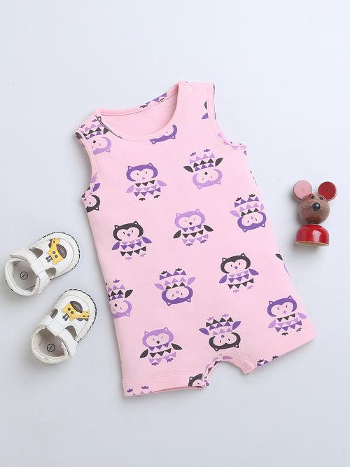 Round Neck Owl Print Sleevless Half Romper For Baby Girls