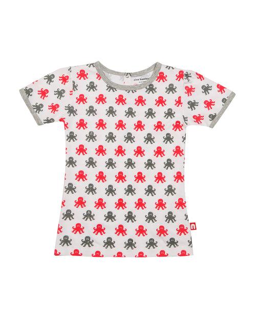 Round Neck Half Sleeve Octopus Print Top & Plane Red legging Top & Bottom Set for Baby Girls