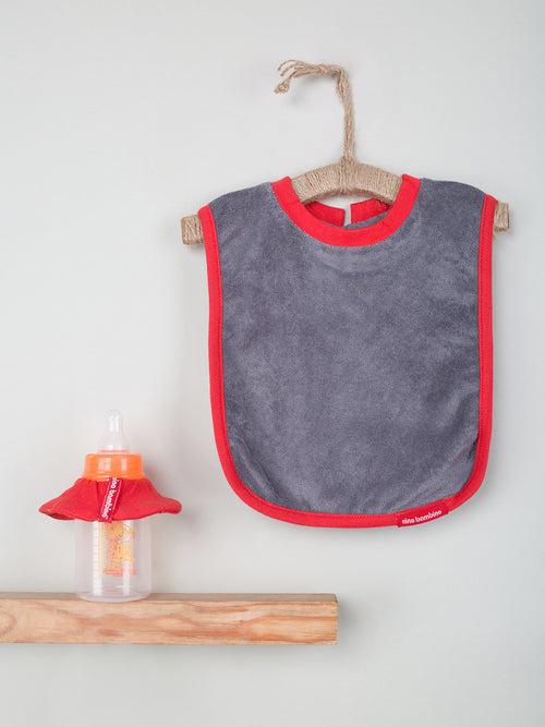 Grey Color Infant/Baby Bib With Bottle Drip Cover Set (Large Bib + Bottle Drip Bib) - 2 Pieces Set