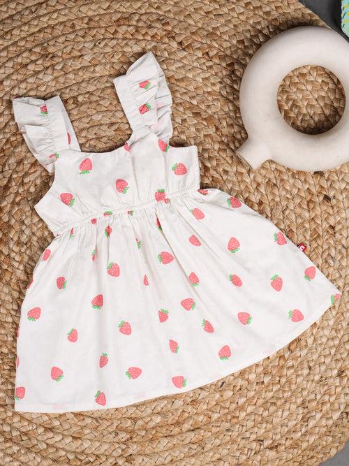 Strawberry White Sleeveless Mini Dress For Baby & Kid Girls.