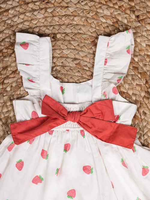 Strawberry White Sleeveless Mini Dress For Baby & Kid Girls.