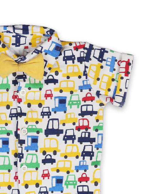 Short Sleeve Multi-Color Car Print Half Romper With Bow For Boy.