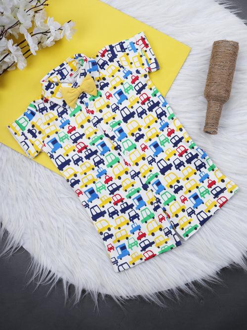 Short Sleeve Multi-Color Car Print Half Romper With Bow For Boy.