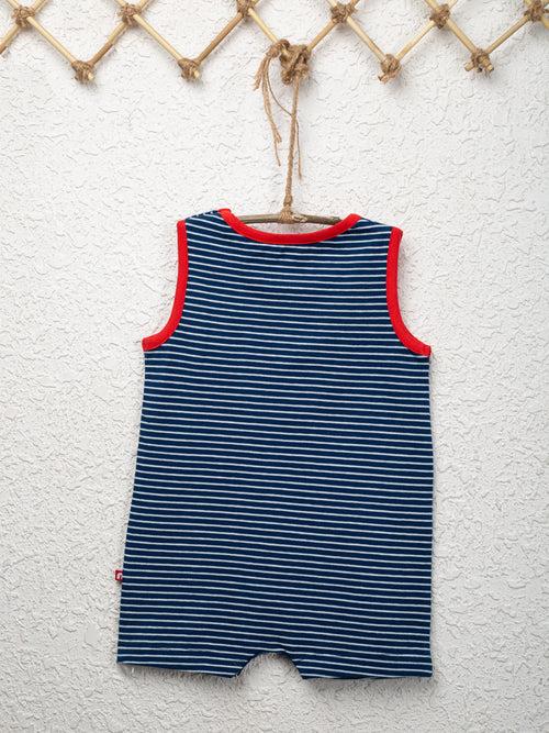 Round Neck Blue Color Horizontal Strip Sleeveless Half Romper For Unisex Baby