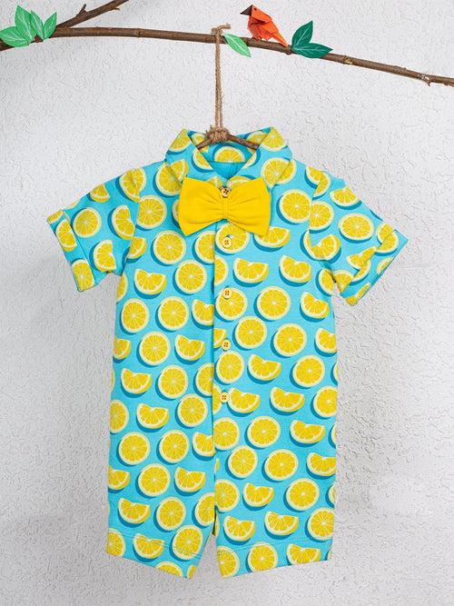 Short Sleeve Aqua Color Lemon Print Half Romper With Bow For Baby Boy