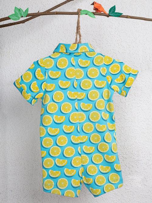 Short Sleeve Aqua Color Lemon Print Half Romper With Bow For Baby Boy