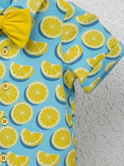 Short Sleeve Aqua Color Lemon Print Half Romper With Bow For Baby Boy